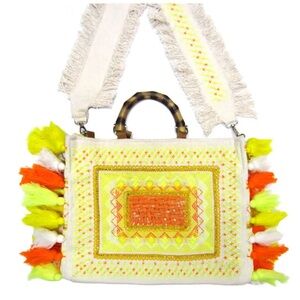 Fabulous MJ New York Boho Embroidered Tassel Tote Crossbody Bag Bamboo Handle